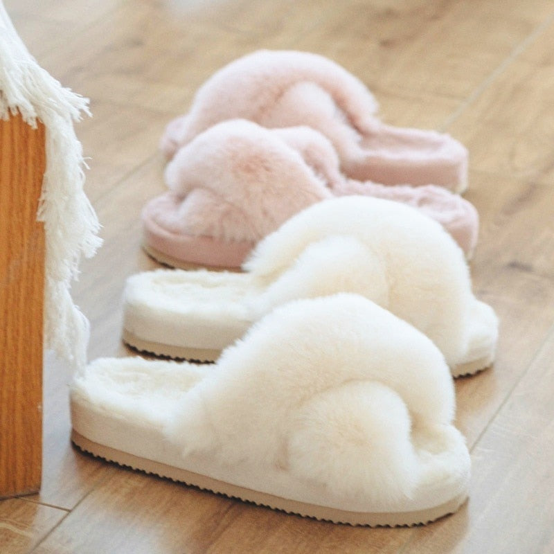 2022 Winter New Women Slipper Soft Rabbit Fur Cross Upper 3cm Heel Platform Fur Warm Indoor Ladies Open Toe Fluffy Home Slippers