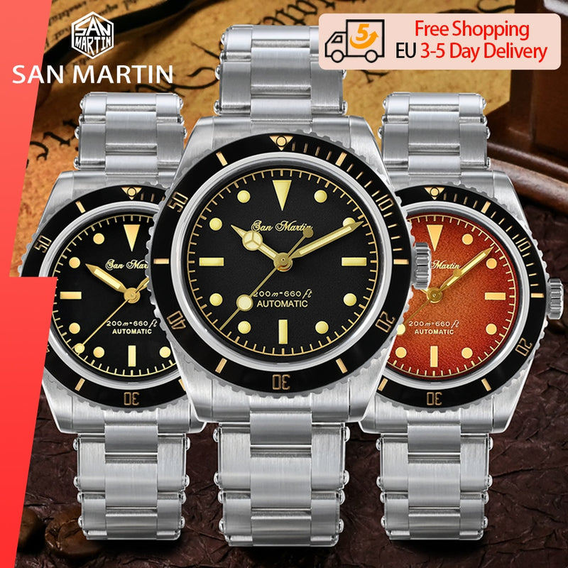 Relojes San Martin para hombre 38mm Diver 6200 Retro Water Ghost lujo zafiro NH35 reloj mecánico automático Vintage 20Bar luminoso