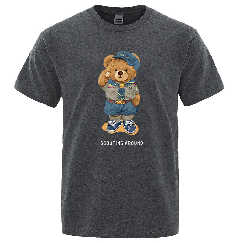 Cute Teddy Bear Salute Scoring Around Prints T Shirt Men Brand Tees Short Sleeve Retro Adult T-Shirt Summer Hip Hop T-Shirt