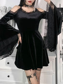 InsGoth Goth Sexy Flare Sleeve Black Dress Y2K Harajuku High Waist A Line Mini Dresses Off Shoulder Punk Halloween Autumn Dress
