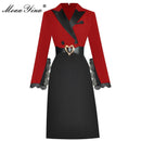 MoaaYina Fashion Runway dress Spring Women Dress Notched collar Long sleeve Lace Belte Patchwork Office Lady Slim Dresses