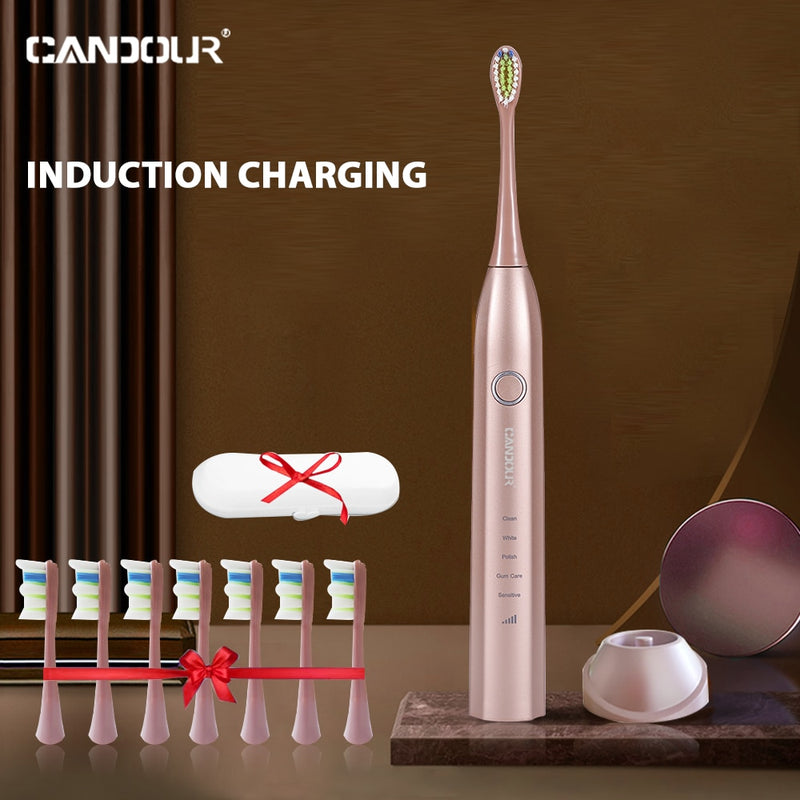 CANDOR CD-5168 Cepillo de dientes eléctrico sónico Cepillo de dientes recargable IPX8 Impermeable 15 modos Cargador USB Juego de cabezales de repuesto