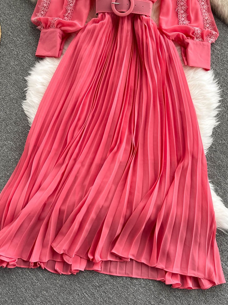 Women Lace Patchwork Pleated Chiffon Long Dress Autumn Winter Red/Black/Blue Draped Party Vestidos With Sashes Female Robe 2021