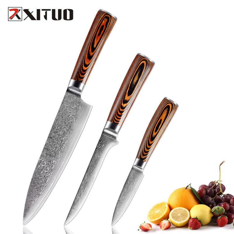 XITUO, 1-4 Uds., juego de cuchillos de cocina, cuchillo de cocina de acero damasco japonés VG10, chef, deshuesado, pelado, Santoku, cuchillos de utilidad, mango de madera