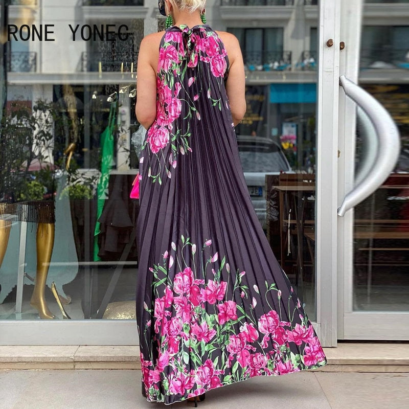 Women Elegant  All Over Print with Floral Pattern Halter Pleated Sexy Maxi Summer Vacation Dresses