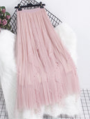Qooth Women Beaded Petal Mid-length Ruffles Mesh Pleated Skirts Elegant High-waisted Fairy A-line Long Tulle Skirts QT1682
