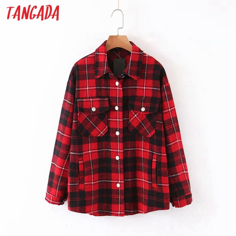 Tangada 2020 Autumn Winter Women Blue Plaid Long Coat Jacket Pocket Casual Warm Overcoat Fashion Outwear Tops QW12