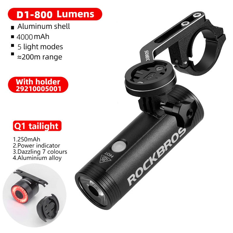 ROCKBROS 400-1000LM Bike Light Bicycle Headlight With Mount Holder IPX3 USB Rechargeable Bike Flashlight Combo Out Front Holder