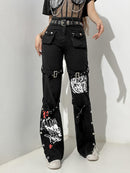 InsGoth Y2K Punk Skull Print Negro Hebilla Pantalones Harajuku Cintura alta Pantalones con bolsillos grandes Goth Mall Grunge Cargo Pantalones Techwear