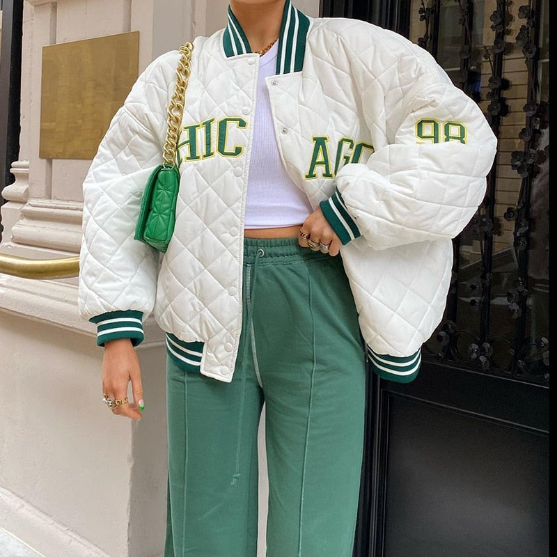 Y2k Green Print Fashion Baseball Bomber Coat 2022 Autumn Winter Oversized Patchwork Jacket Varsity Women Casual White