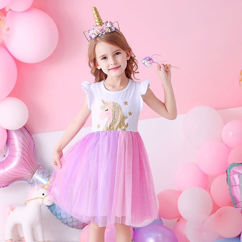 DXTON Girls Clothes for Summer Princess Dresses Kids Flare Sleeve Unicorn Print Dress Girls Party Dresses Children Clothing 3-8Y