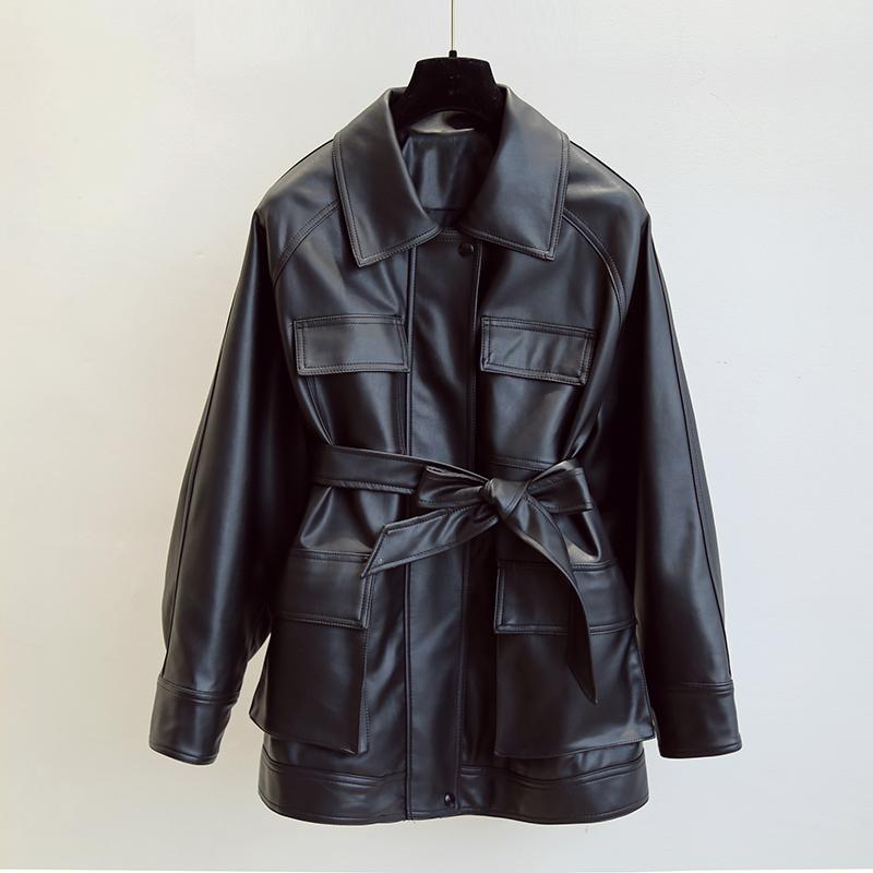 FTLZZ, abrigos ajustados de PU, chaquetas de piel sintética para mujer, chaquetas de motociclista Vintage, elegante cinturón de corbata, bolsillos en la cintura, abrigos con botones
