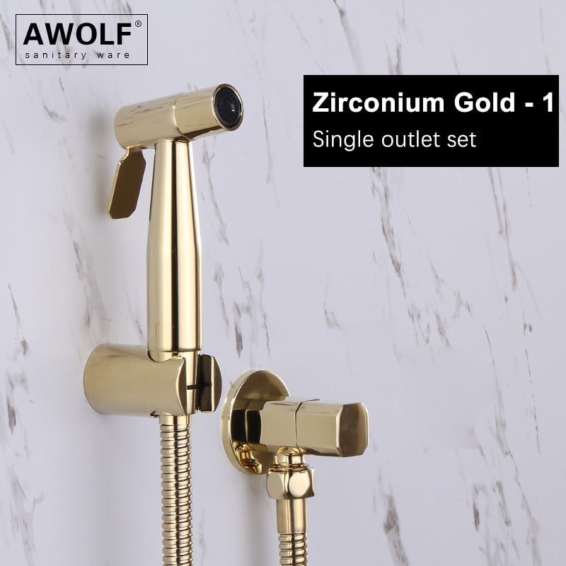 Awolf Rose Gold Hygienic Shower Head Handheld Toilet Bidet Sprayer Set Stainless Steel Shattaf Brass Valve Anal Shower AP2102