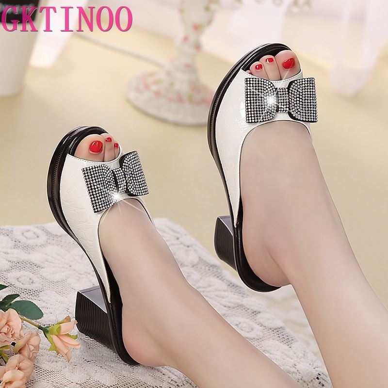 2022 new women sandals Women slippers genuine leather rhinestone thick high-heeled color block decoration open toe women sandals