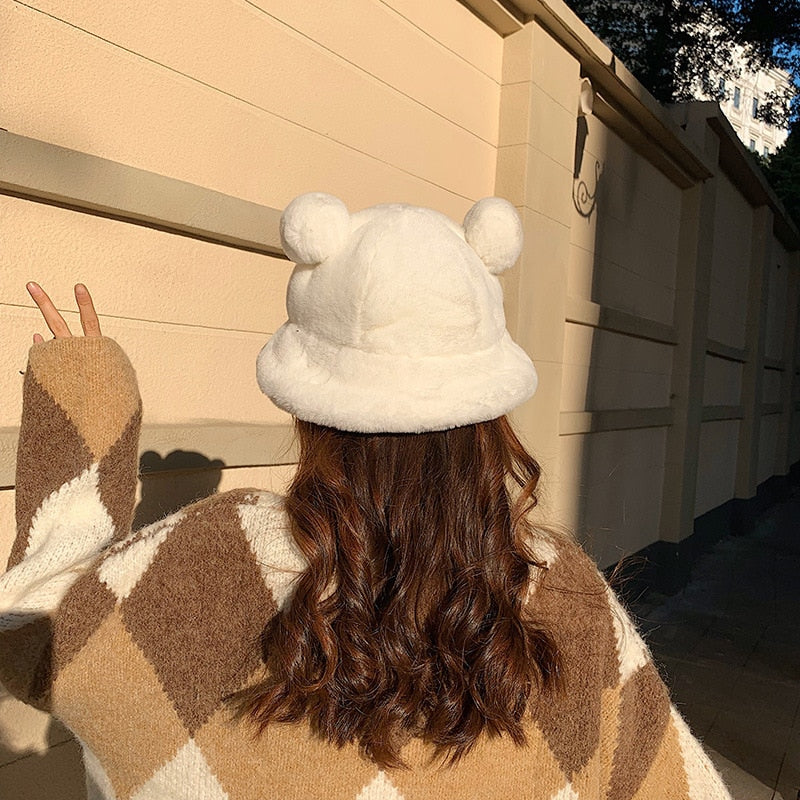 Winter Fashion Cute Leopard Bear Ear Bucket Hat For Women Thick Warm Faux Fur Furly Fisherman Cap Outdoor Protection Soft Panama