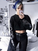 InsGoth Black Crop Top Hoodie Women Sweatshirt Gothic Punk Grunge Dragon Printed Harajuku Loose Sweatshirt Pullover Female Top