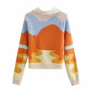 Womens Landscape Knit Cardigan Long Sleeve Collared Button Up Sweater e-girl Sunny Day Tripper /