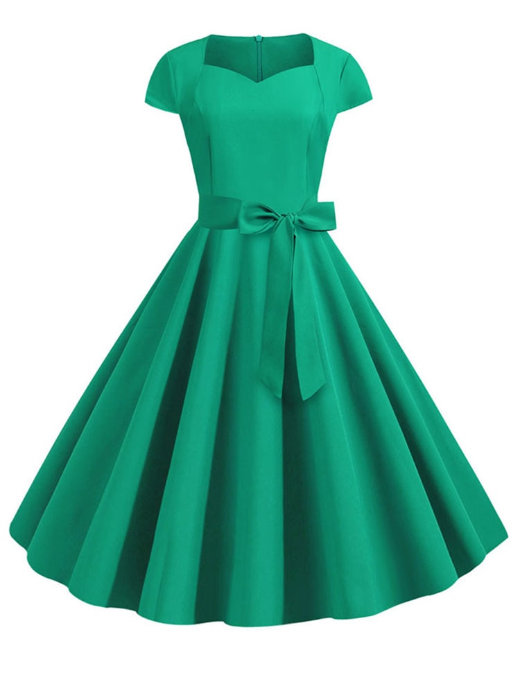 Verano Mujer Vintage vestido 50S 60S manga corta Casual elegante Retro Oficina fiesta Midi vestido bata mujer sólido Vestidos