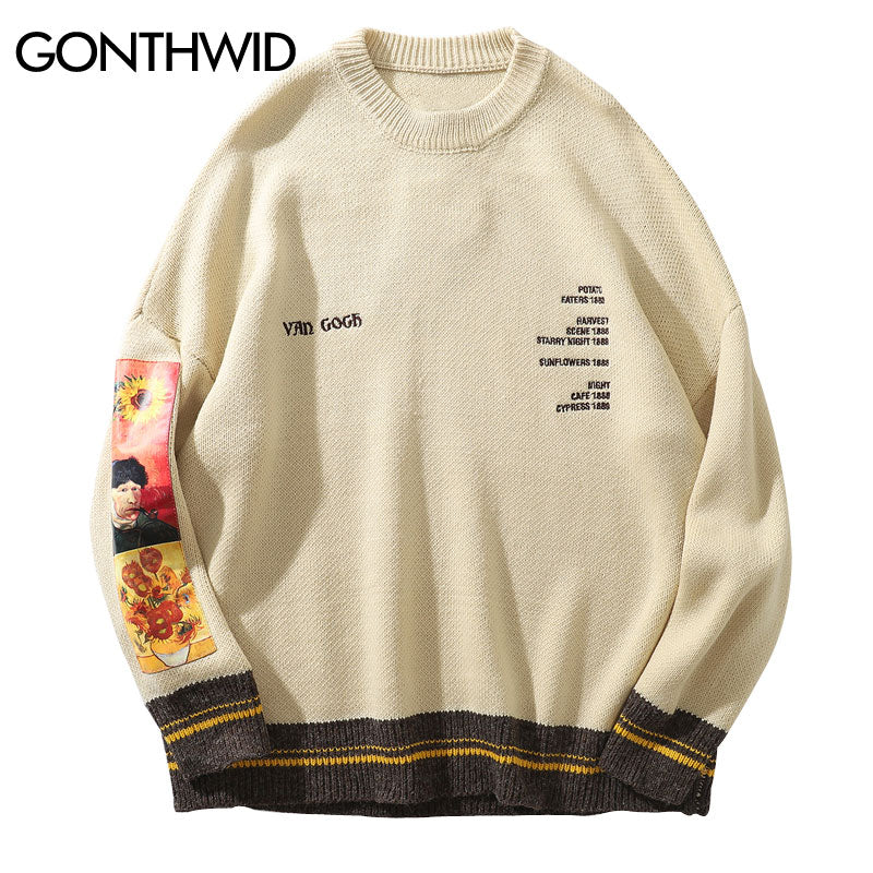 Herren Strickpullover Streetwear Hip Hop Stickerei Buchstabe Van Gogh Patchwork Pullover Pullover Harajuku Lässiger lockerer Pullover