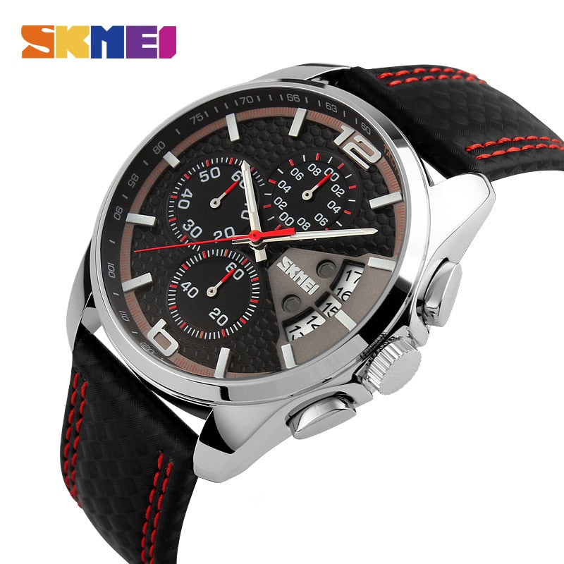 SKMEI, relojes deportivos a la moda para hombre, relojes de pulsera de cuarzo impermeables de 5 barras con correa de cuero de lujo de marca superior, reloj Masculino 9106