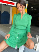 Conjunto de conjuntos de suéter de dos piezas, Tops de punto para mujer y minifaldas plisadas, manga larga, cuello en V, ropa informal con botones, conjuntos de falda Sexy