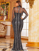 Missord Sequins See Though Women Maxi Long Evening Dresses 2021 Autumn Winter High Neck Wave Elegant Long Sleeve Party Dress