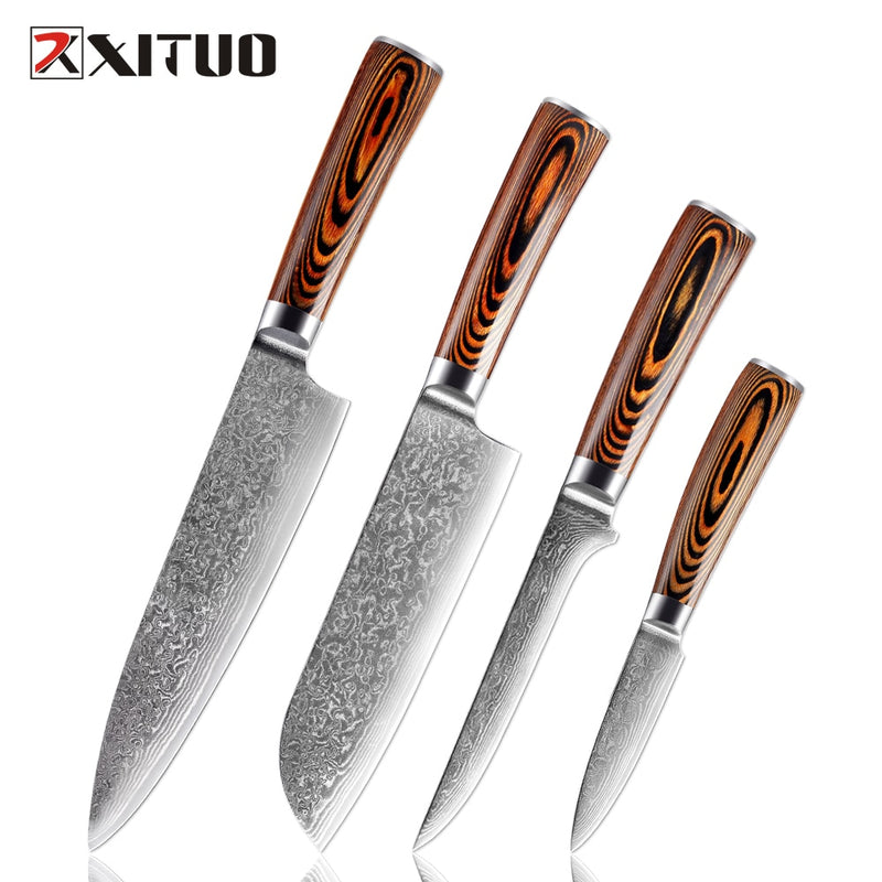 XITUO, 1-4 Uds., juego de cuchillos de cocina, cuchillo de cocina de acero damasco japonés VG10, chef, deshuesado, pelado, Santoku, cuchillos de utilidad, mango de madera