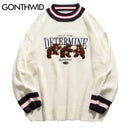 GONTHWID Bär Patchwork Gestreifte Strickpullover Streetwear Hip Hop Harajuku Lässige Pullover Strickwaren Herren Mode Oberteile