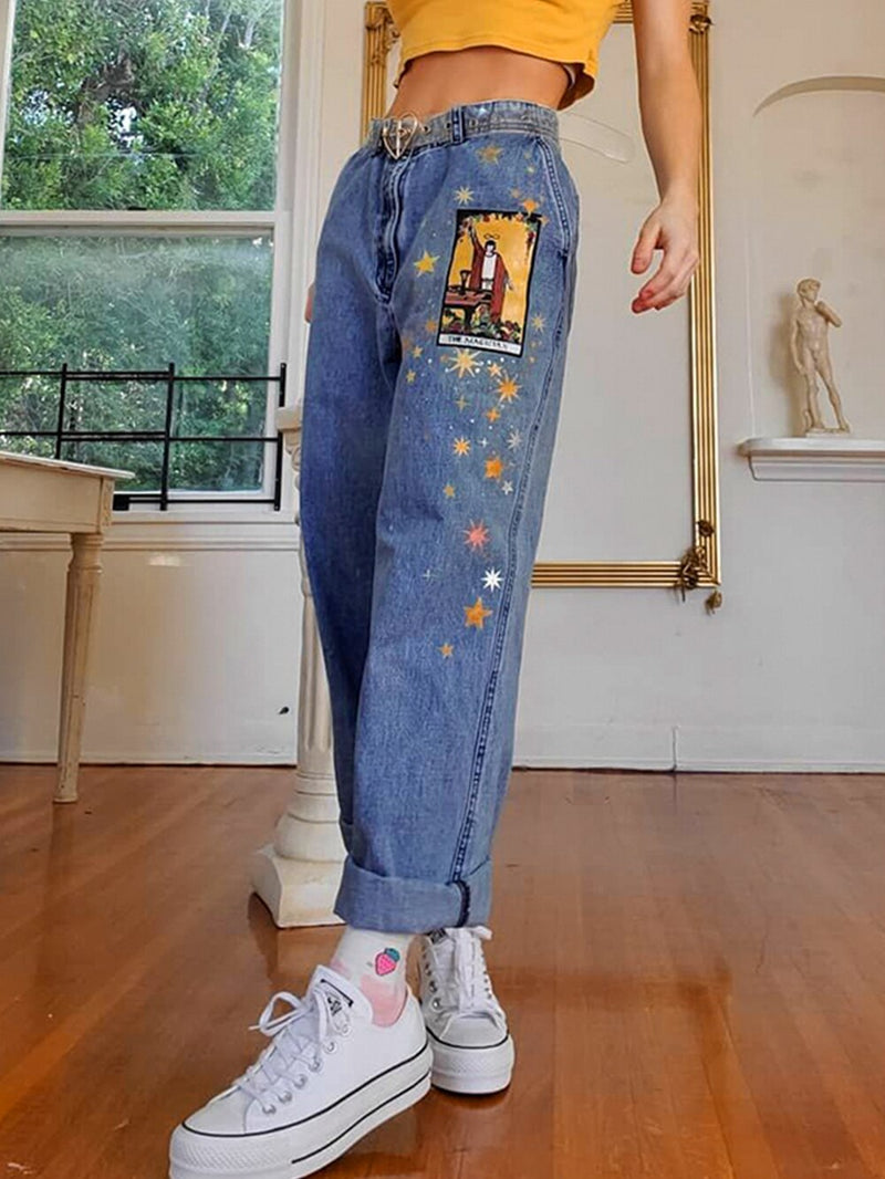 Pantalones vaqueros para mujer con patrón de dibujos animados de estrellas impresos 2022 Otoño Invierno pantalones de mezclilla aptos para chica joven Vintage bonitos pantalones vaqueros femeninos azul