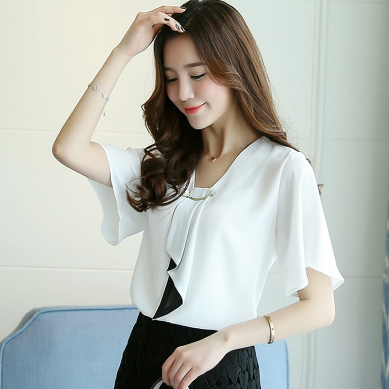 New Spring Fashion Chiffon Women Shirt Blouse Short Sleeve Plus Size Women&#39;s Clothing Loose Bow Neck Women&#39;s Tops Blusas D560 50