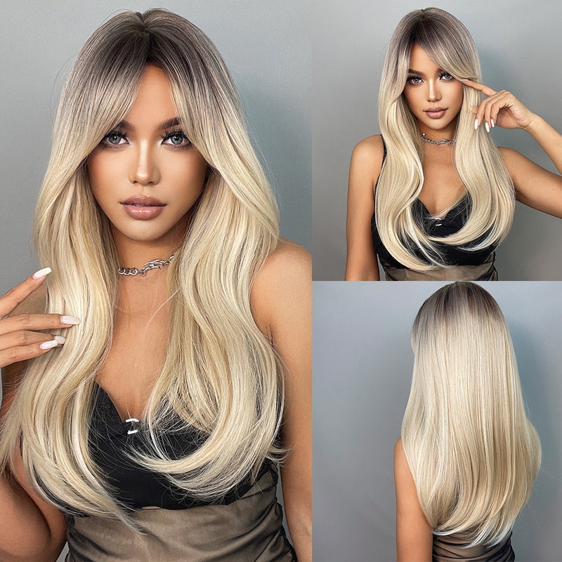 EASIHAIR Grey Ombre Wavy Wigs Long Synthetic Wigs for Women Wigs with Bangs Natural Hair Wigs Heat Resistant Cosplay Wigs