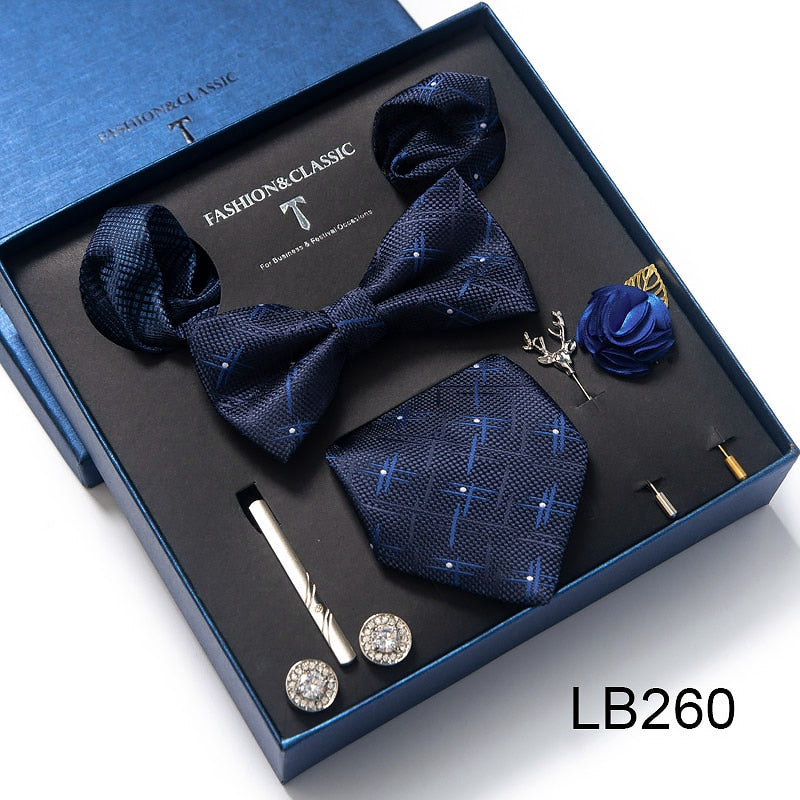 Envío Gratis, conjunto de corbata para hombre, caja de regalo de lujo, conjunto de corbata de seda, 8 Uds., embalaje interior, regalo festivo, pañuelos de bolsillo