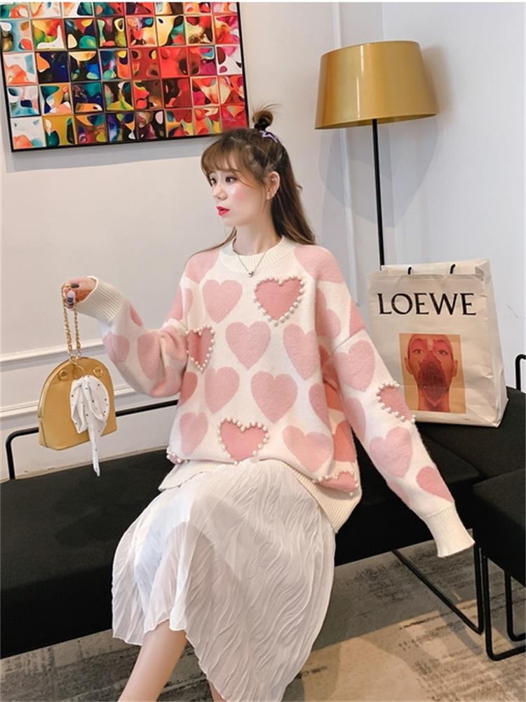 H.SA Damen-Strickpullover und -Pullover Oneck Pearls Beading Sweaters Sweet Heart Pull Jumpers Long Sleeve Kawaii Pull Femme