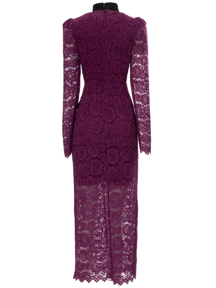 Seasixiang Fashion Designer Spring Summer Lace Pencil Dress Women Stand Collar Long Sleeve Hollow Out Elegant Party Dresses