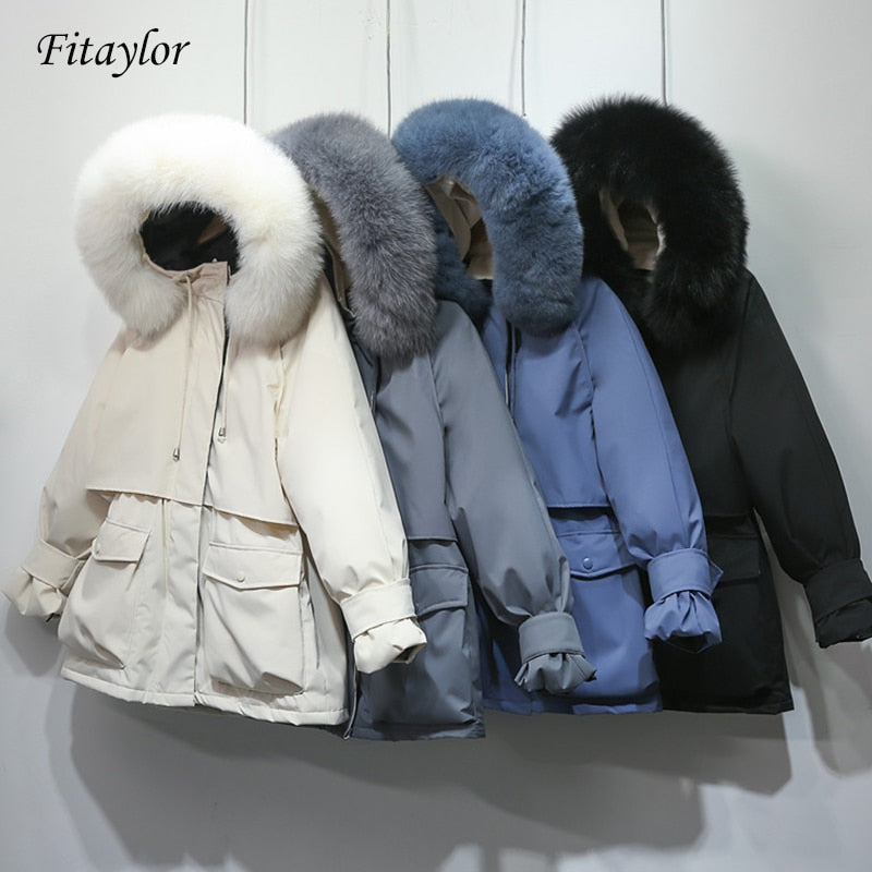 Chaqueta de invierno Fitaylor para mujer, abrigo de plumón de pato blanco de piel de zorro Natural grande, Parkas gruesas, faja cálida, corbata con cremallera, ropa de abrigo para la nieve