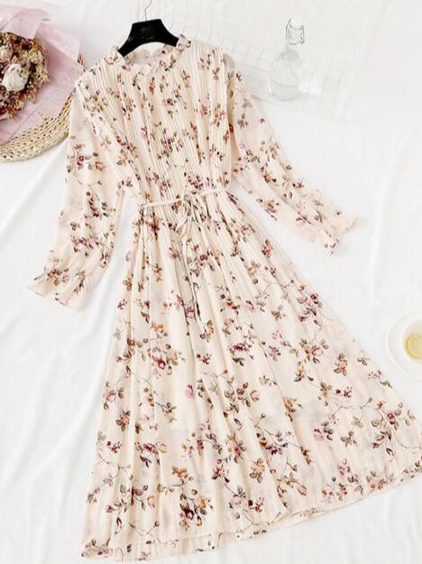 2022 New Women Spring Print Dresses Long Sleeve Chiffon Pleated Dress Casual Ruffle Flare Sleeve Long Dress Loose Vestidos