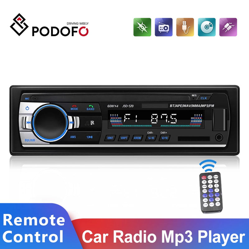 Podofo Car Radio Estéreo Reproductor Digital Bluetooth MP3 Player JSD-520 60Wx4 FM Audio Estéreo Música USB / SD con entrada AUX en el tablero