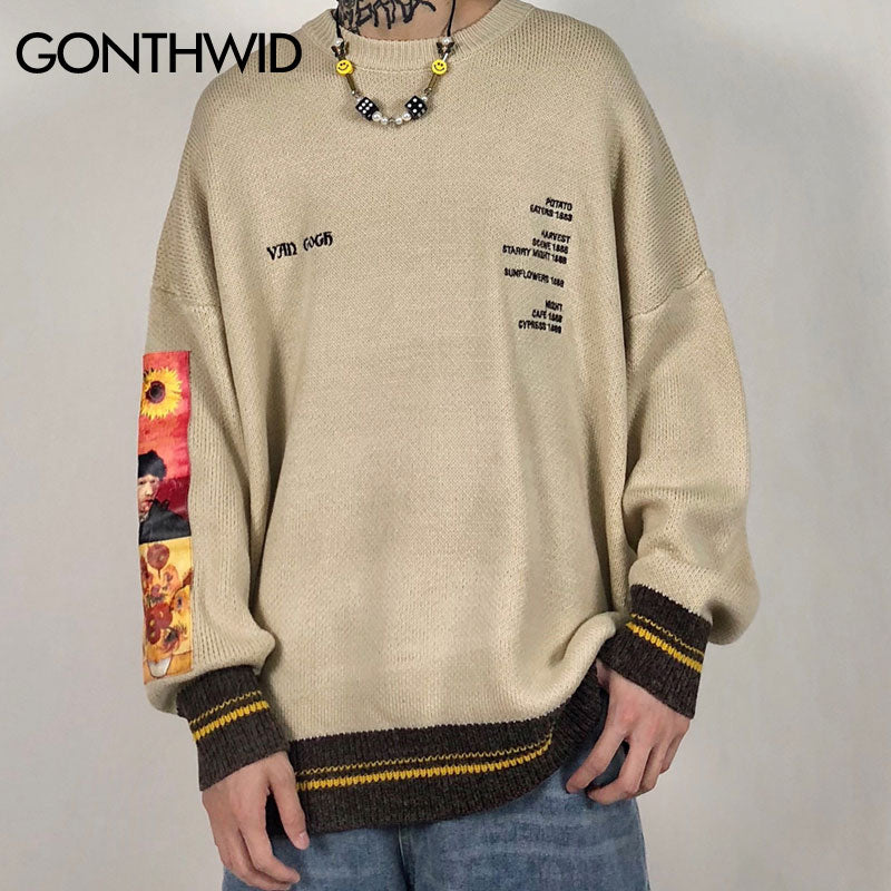 Men Knitted Sweater Streetwear Hip Hop Embrodiery Letter Van Gogh Patchwork Pullover Sweaters Harajuku Casual Loose Sweater