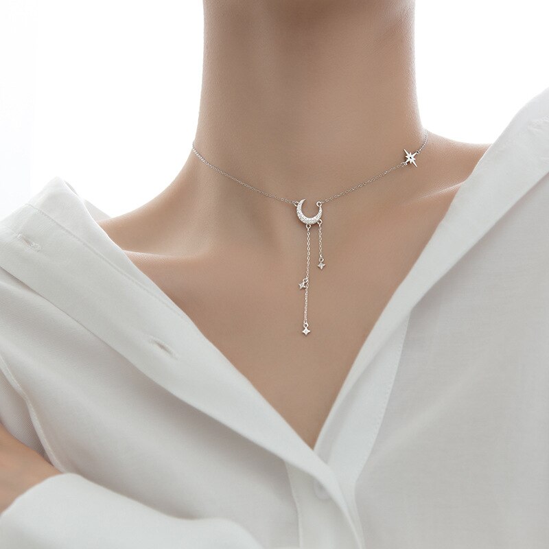 TrustDavis Genuine 925 Sterling Silver  Moon Tassel Star Pendant Short Necklace For Women Wedding S925 Necklace Jewelry DA1027