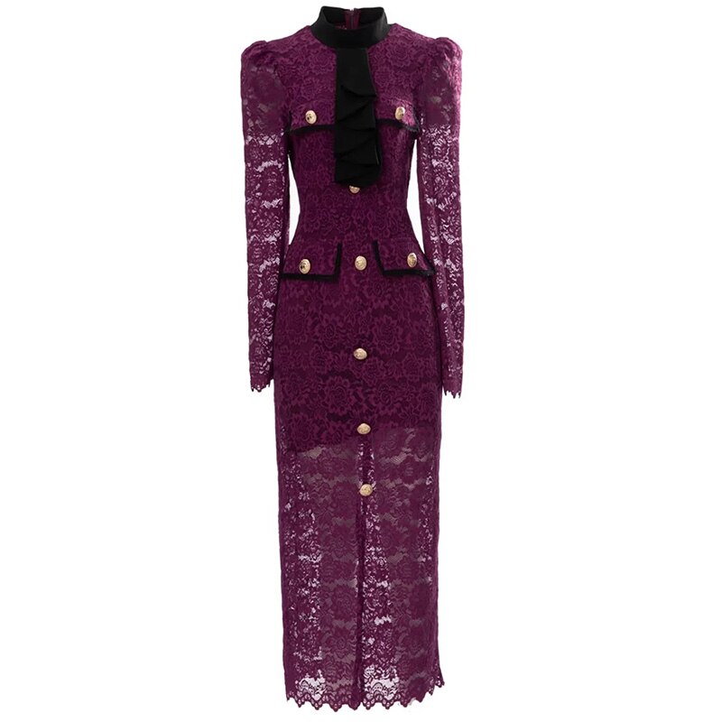 Seasixiang Fashion Designer Spring Summer Lace Pencil Dress Women Stand Collar Long Sleeve Hollow Out Elegant Party Dresses