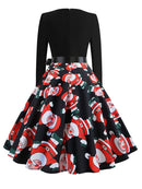 Winter WeihnachtsKleider Damen 50er 60er Vintage Kleid Swing Pinup Elegant Partykleid Langarm Freizeit Print Schwarz