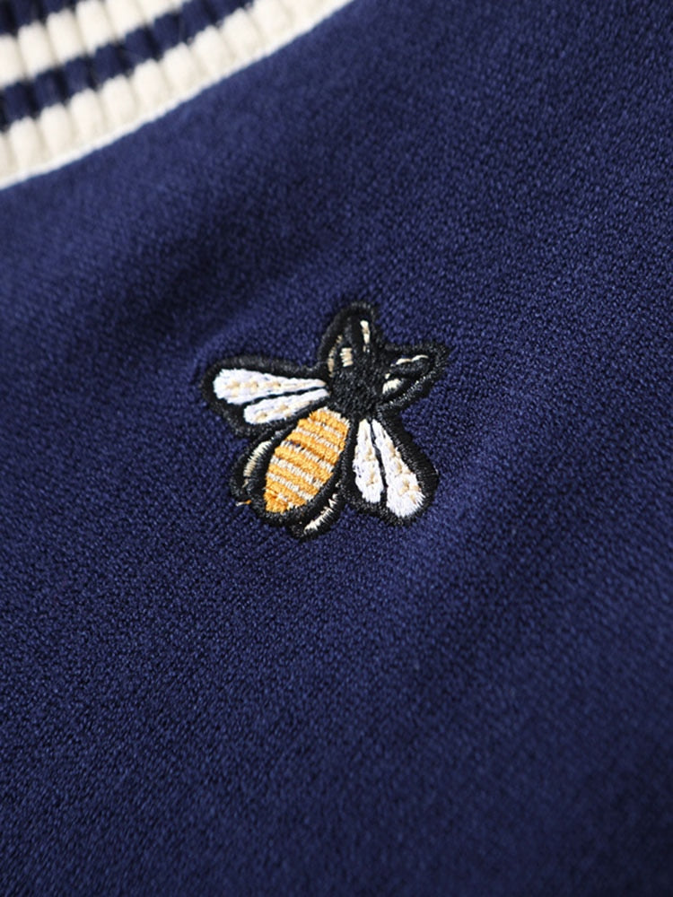 Estilo europeo primavera otoño mujeres abeja bordado suéter elegante cuello pico tejido suelto rayas manga larga suéter C-019