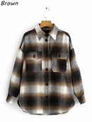 Vintage women 2021 long sleeve woolen coats fashion ladies thick plaid coat female streetwear elegant girls oversize jacket chic
