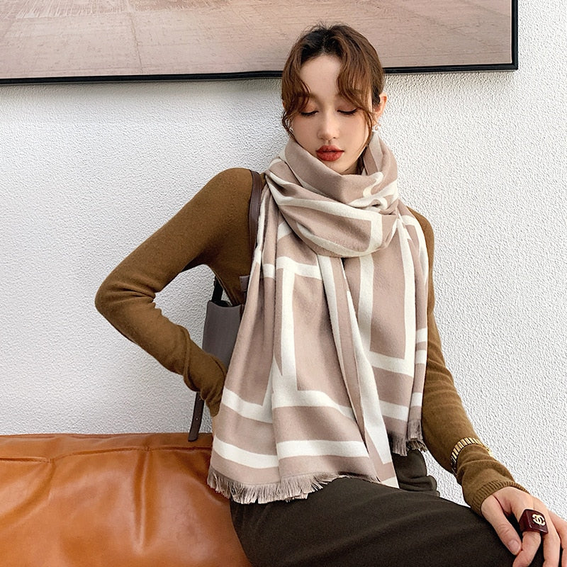 Bufanda de invierno de Cachemira para mujer, chales de Pashmina, bufandas gruesas con estampado de lujo, envolturas cálidas de marca para mujer, doble cara