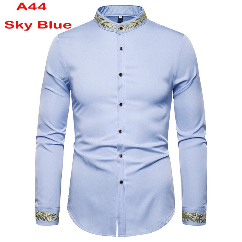 Camisas de vestir azul real para hombre, camisa de cuello mandarín con bandas de marca 2022, camisa informal de manga larga con botones y bolsillo 2XL para hombre