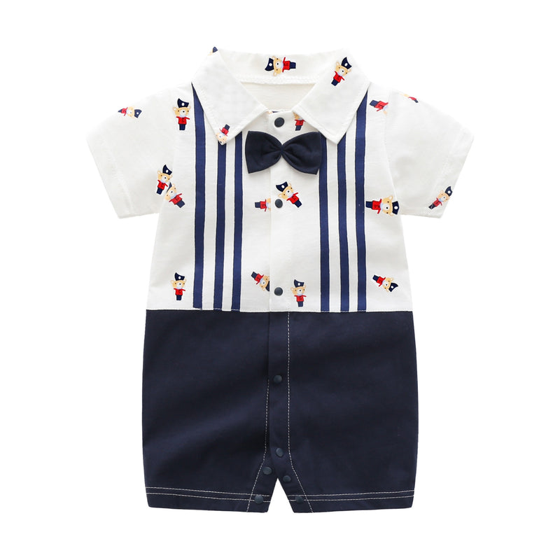 2023 summer baby clothes Casual romper newborn short sleeve cotton cartoon print stripe turn-down Infant baby boys clothing