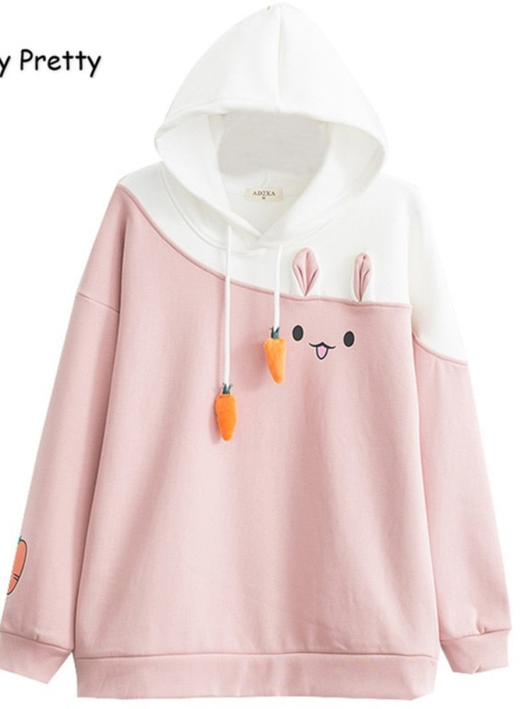 Merry Pretty Women Hoodies Animal Lovely Pullover Kawaii Rabbit Sweatshirt Cute Bunny Graphic Outerwear Pink Black Hoodie Girls