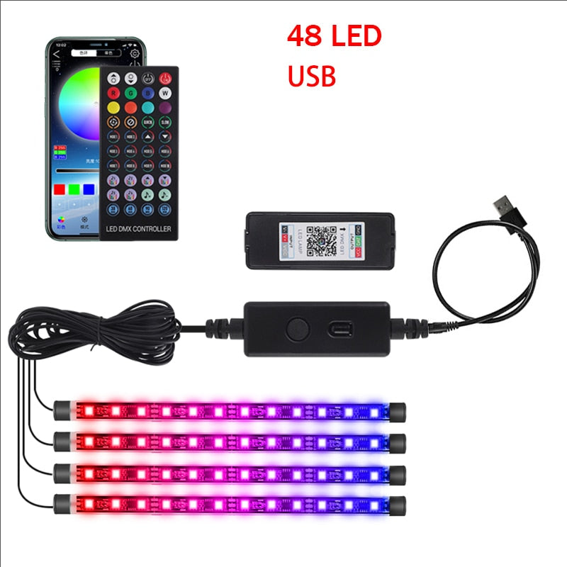 LED Car Foot Light Ambient Lamp USB APP Remote Music Control Multiple Modes Automotive Interior Decorative Lights