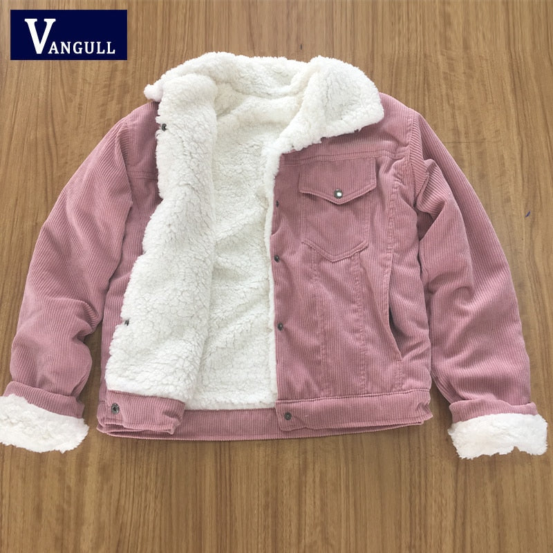 Vangull Winter Women Corduroy Fleece Coat Warm Thicken Cotton Velvet Ladies Jacket Fashion Faux Fur Lining Long Sleeve Outwears