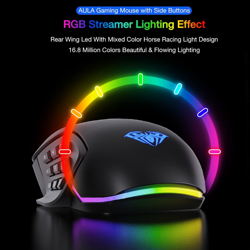 AULA H510 RGB Gaming Mouse 10000 DPI Botones laterales Marco Progrommable Egronomic 14 Wire Retroiluminado Game Mouse para computadora portátil